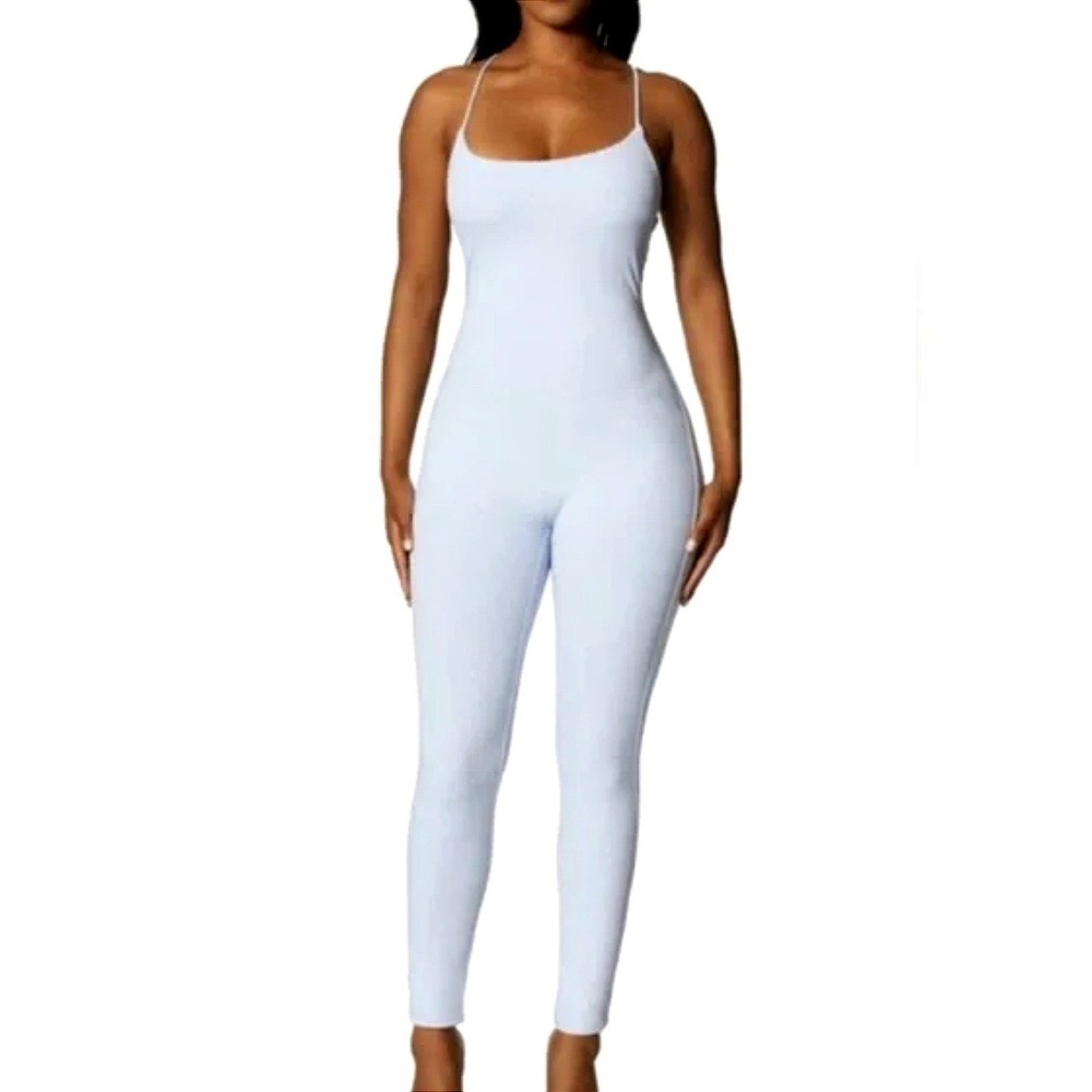 Naked Wardrobe Cami Jumpsuit Medium Blue Periwinkle Ribbed Knit Stretch Fitted